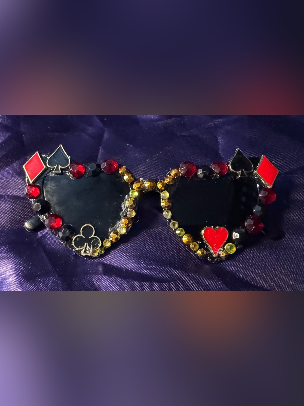Embellished Black heart Sunglasses with Gold and Red Rhinestones